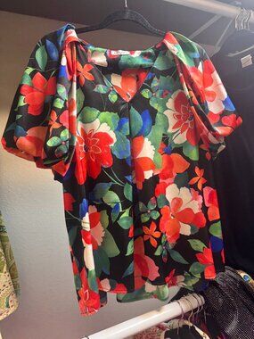 Lida Kate Size Large Floral Puff Sleeve Blouse Black Multicolor Statement Top